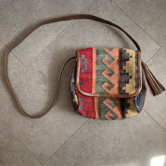 Vintage Handbags - Vintage Wool and Leather Kilim Bag